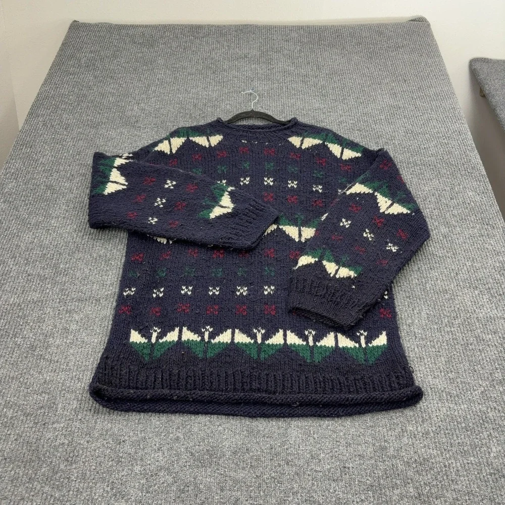 Vintage Otavalo Sweater Mens L Navy Wool Hand Knit Geometric Boho Cozy Folk